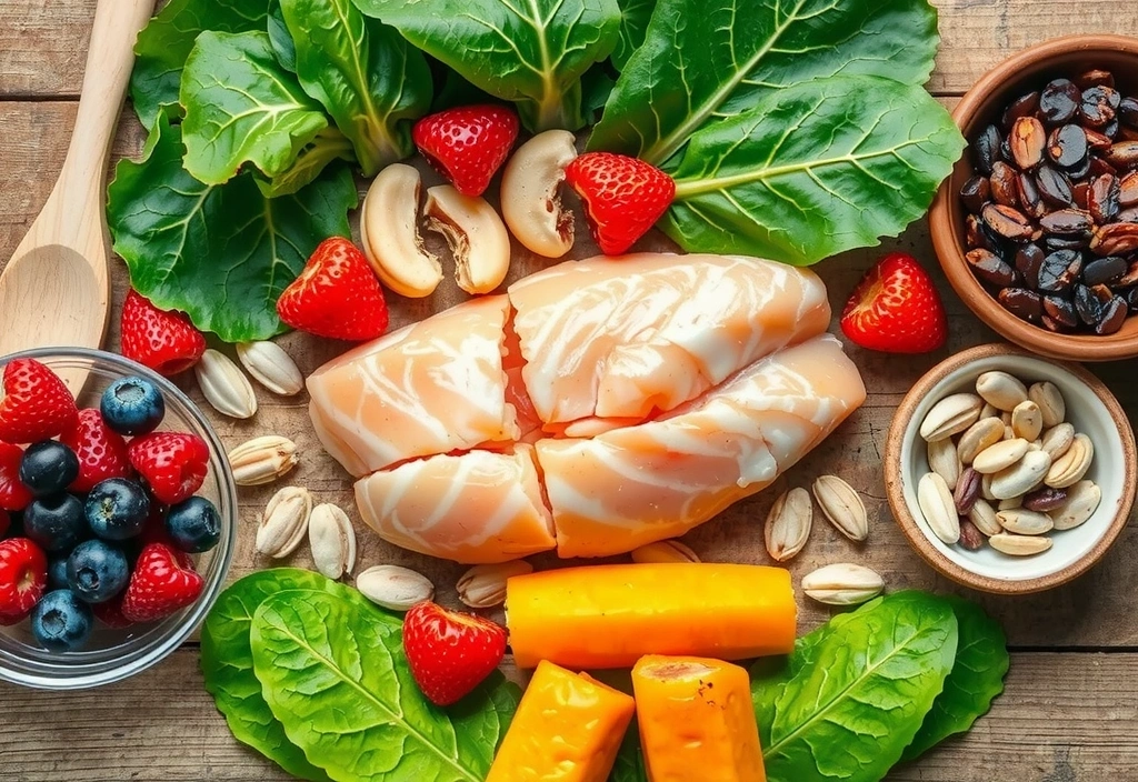 Assortiment d'aliments riches en minéraux comme des noix, des légumes verts et des fruits de mer