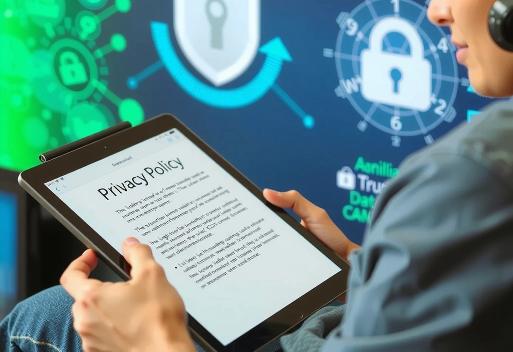 Une personne lisant un document de confidentialité sur une tablette, symbolisant la protection des données personnelles.