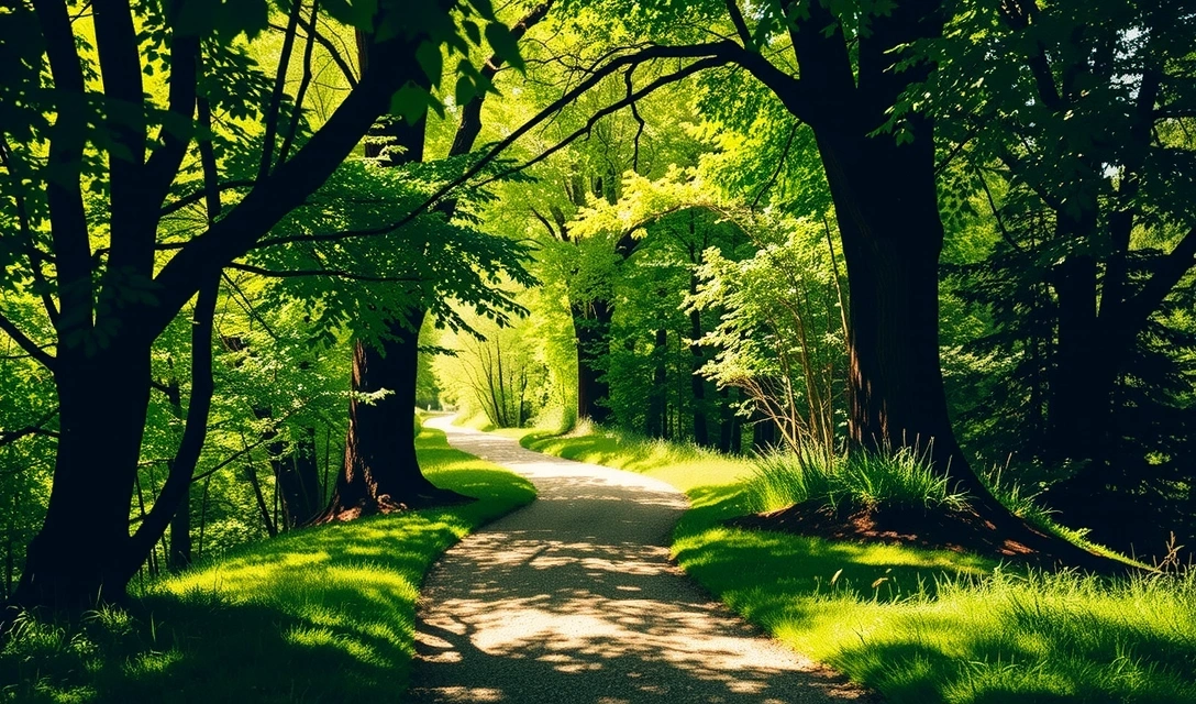 Un chemin sinueux à travers une forêt luxuriante et ensoleillée, symbolisant le voyage vers le bien-être naturel